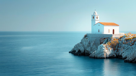 A small white church sits atop a hill overlooking the ocean, a tranquil scene blending architecture and nature.の素材