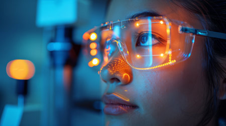 A woman with striking blue eyes gazes directly at the camera.の素材