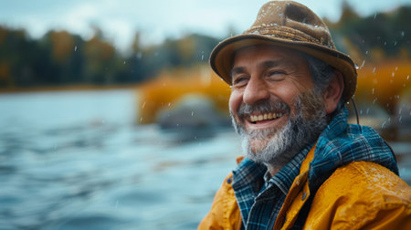 A man in a hat and glasses smiles while standing and holding a fishing rod.の素材