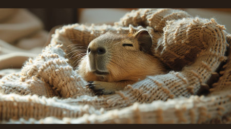 A small rodent is laying comfortably on a soft blanket, looking relaxed and content in its cozy environment.の素材