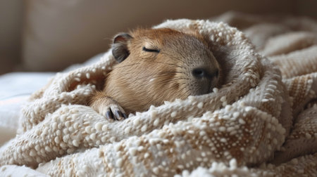 A small rodent is laying comfortably on a soft blanket, looking relaxed and content in its cozy environment.の素材