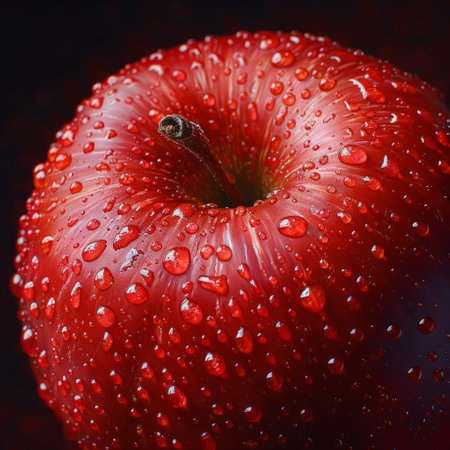 A ripe red apple covered in glistening water drops, showing freshness and vibrancy.の素材