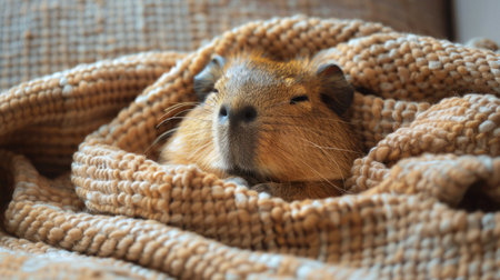 A small rodent is laying comfortably on a soft blanket, looking relaxed and content in its cozy environment.の素材