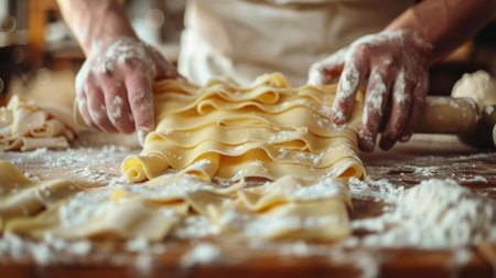 A man is vigorously kneading dough on a wooden table in a kitchen setting.の素材
