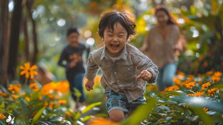 A young child energetically runs through a forest filled with vibrant orange flowers, surrounded by lush greenery.の素材