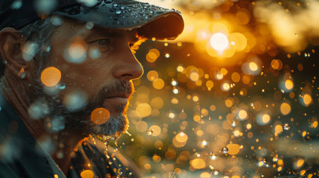 A man sitting in front of a computer screen, focusing on an eyeball displayed on the monitor.の素材