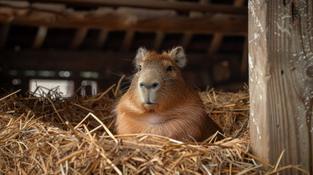 A capybara is comfortably seated in a large pile of hay.の素材