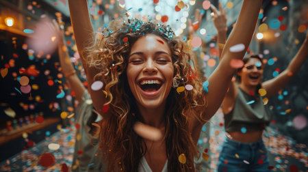 A woman wearing glasses stands in the middle of a confetti shower.の素材