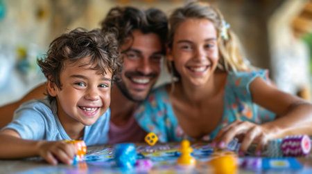 A family of four sitting around a table, engaging in a board game together.の素材