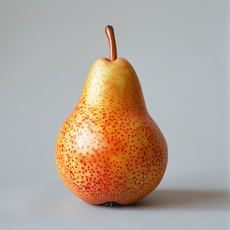 A detailed close-up view of a ripe pear with a textured surface, set against a plain white backdrop.の素材