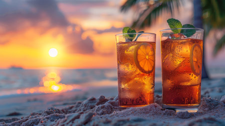 Two glasses of refreshing iced tea resting on the sandy beach with ocean waves in the background.の素材