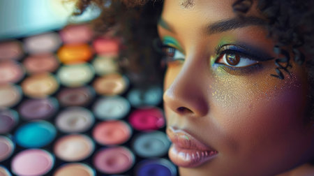 A detailed view of a persons face adorned with makeup, showing intricate details and skillful application.の素材