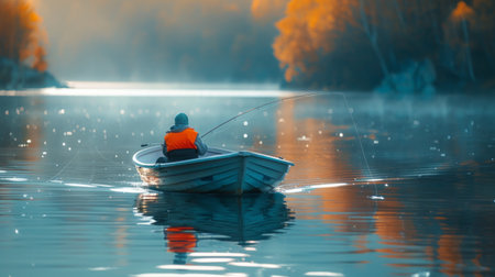 A person actively rows a small boat on a calm body of water, surrounded by the scenery of the shore in the background.の素材