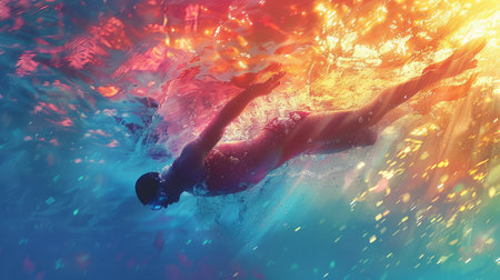 A man is swimming in the ocean, surrounded by a flurry of bubbles.の素材