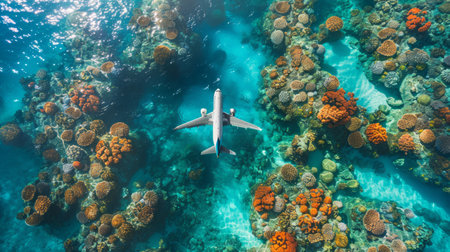 An airplane soaring through the sky above a vibrant coral reef in clear blue waters.の素材