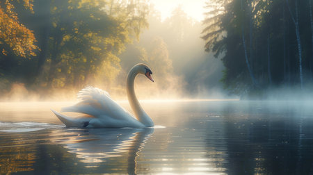 A white swan gracefully gliding across the surface of a serene lake.の素材