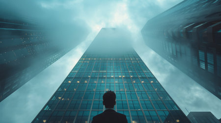 A man standing proudly in front of towering skyscrapers in the city.