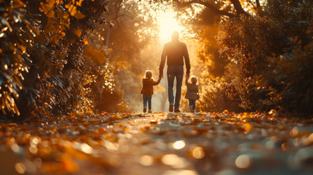A family consisting of parents and children walking along a path illuminated by the warm glow of the setting sun.の素材
