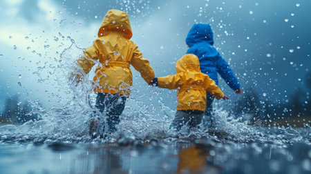 Two children, wearing raincoats, are joyfully splashing around in a large puddle of water on a rainy day.の素材