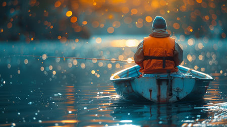 A person actively rows a small boat on a calm body of water, surrounded by the scenery of the shore in the background.の素材