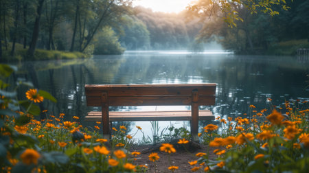 A wooden bench rests atop a field covered in lush green grass.の素材
