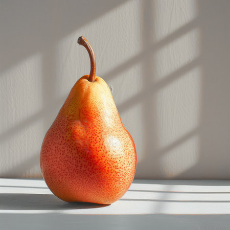 A ripe pear rests on the floor in front of a window, with sunlight streaming in.の素材