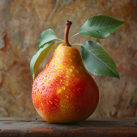 A ripe pear with a vibrant green leaf resting on top of it.の素材