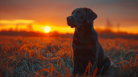 A dog, its silhouette stark against the setting sun, sits in a vast field under the warm glow of the evening sky.の素材
