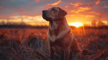 A dog, its silhouette stark against the setting sun, sits in a vast field under the warm glow of the evening sky.の素材