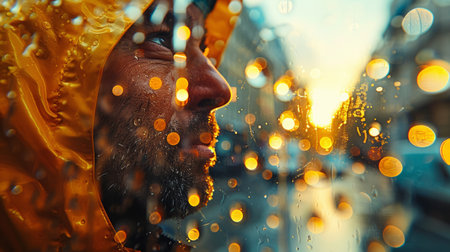 A person wearing a yellow raincoat stands in front of a window.の素材
