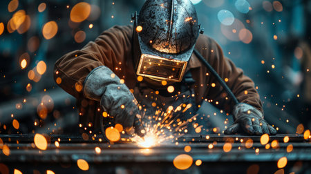 A welder in protective gear is welding a piece of metal, creating sparks and bright light.の素材
