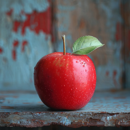 A red apple sits atop a wooden table, showing its vibrant color against the warm tones of the surface.の素材