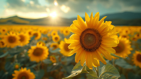 A large sunflower stands tall among a field of sunflowers, reaching towards the sky in a vast expanse of yellow blooms.の素材