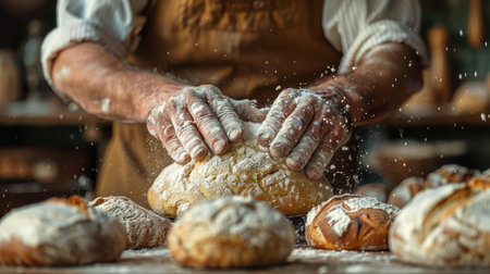 A baker stands in a bakery, shaping dough into loaves of bread.の素材