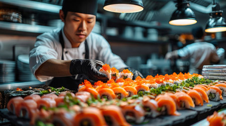 A man is seen meticulously preparing sushi in a bustling restaurant kitchen, skillfully slicing fish and arranging rice on a wooden cutting board.の素材