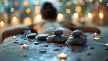 A woman is lying on a bed with a towel draped over her, surrounded by glowing candles.の素材