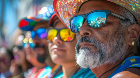 A diverse group of individuals wearing stylish sunglasses and hats while standing together outdoors.の素材