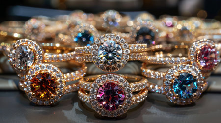 A close-up view of a collection of rings spread out on a wooden table.の素材