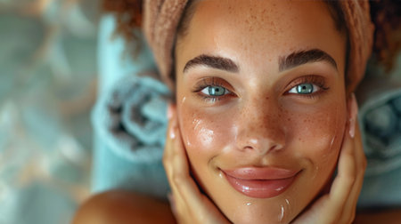 A woman with striking blue eyes stands with a towel wrapped around her head.の素材