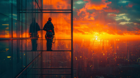 A man stands on a ledge next to a towering building, looking out over the cityscape below.の素材