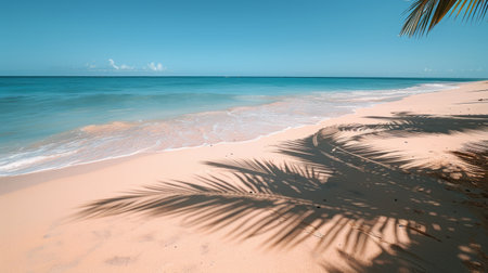 A palm tree casts a shadow on the sandy beach under a clear sky, creating a contrast of light and dark.の素材