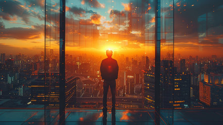 Photo for A man is standing on the rooftop of a tall building, looking out at the city below. - Royalty Free Image