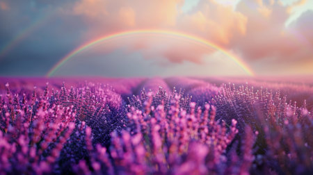 Field of lavender flowers with a rainbow in the background under a clear sky.の素材