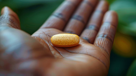 Human hand holding a yellow pill up close.の素材