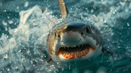 A detailed view of a shark showing its razor-sharp teeth in a menacing display of its predatory nature.の素材