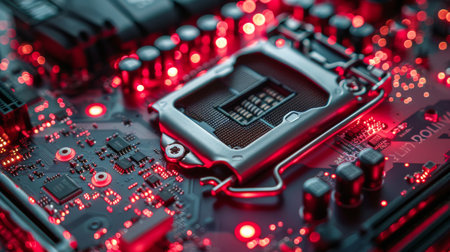 A detailed view of a computer motherboard illuminated by red lights.の素材