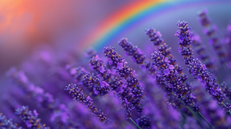 Field of lavender flowers with a rainbow in the background under a clear sky.の素材