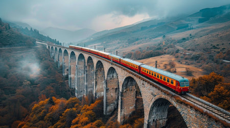 A train is seen crossing a bridge, with majestic mountains in the background. The scene captures the industrial and natural elements coexisting harmoniously.の素材