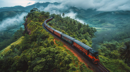 A train is seen traveling through a dense, green forest, surrounded by thick foliage and tall trees.の素材