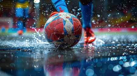 A person wearing sports attire is energetically kicking a soccer ball in a lively park setting.の素材